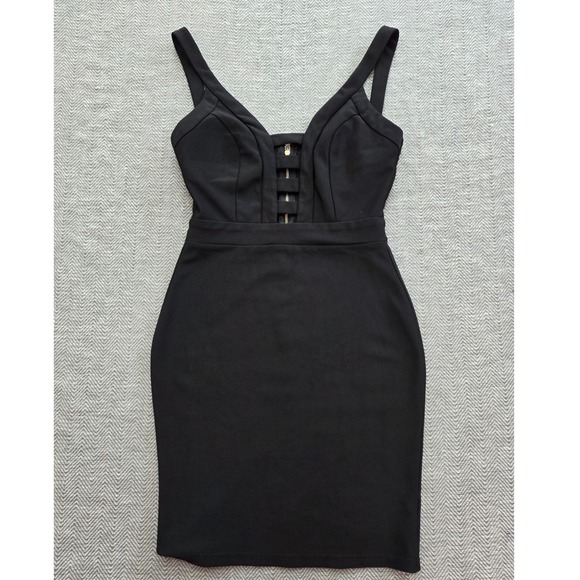 Unbranded Dresses & Skirts - Black Caged Ladder Front Bodycon Mini Dress Strappy Back Gold Zipper Sleeveless